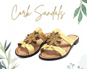 Vegan Floral Cork Sandals Women, Open Toe Barefoot Eco-Friendly Summer Shoes, Mom Gift