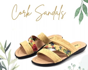 Cork Sandals, Vegan Sandals Women, Floral Sandals, Flip Flop Sandals, Eco Friendly Sandals, Comfortable Sandals,Mothers Day Gift