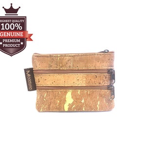 Porte-monnaie écologique végétalien en liège avec motif doré - Petite pochette zippée pour femme - Cadeau fait main en liège naturel