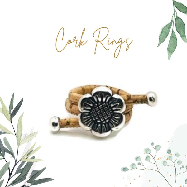 Vegan Cork Ring, Adjustable Rings for Women, Handmade Rings, Flower Ring, Cute Boho Rings, Eco Friendly Ring, Gift for Her,Mothers Day Gifts