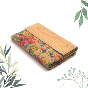 Bolsa de cortiça floral Carteira de couro vegano com porta-cartões e bolso para moedas com zíper - Presente ecológico feito à mão para ela