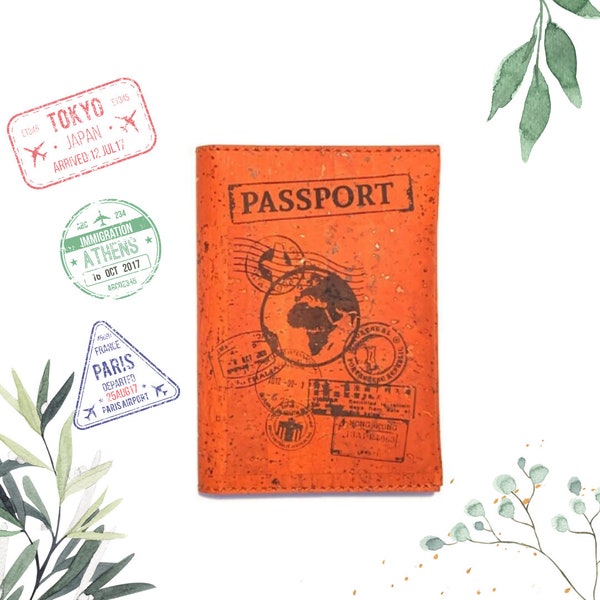 Orange Passport Holder, Cork Passport Cover, Vegan Leather Passport Holder, Vegan Passport Cover, Travel Gifts, Birthday Gift