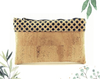 Cork Pouch, Cork Makeup Bag, Birthday Gifts for Her, Polka Dot, Cork Cosmetic Bag, Vegan Leather Pouch, Vegan Leather Toiletry Bag