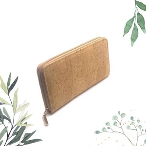 Cartera vegana de corcho con cremallera, aprobada por PETA, hecha a mano para mujeres, billetera delgada ecológica, regalo único para ella