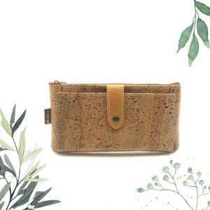 Vegan Cork Card Holder Wallet with Zip Pocket and 10 Card Slots, Eco-Friendly Minimalist Purse for Her, Handmade Gift