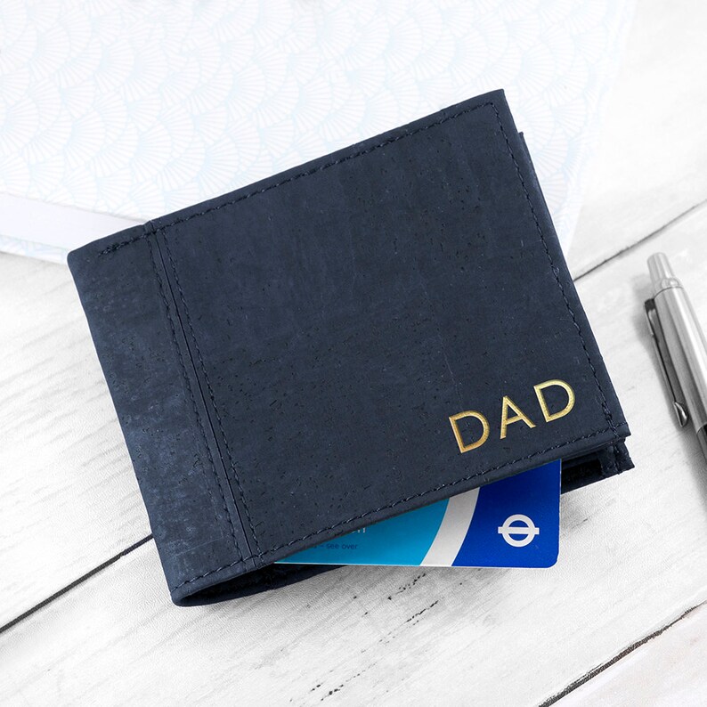 Mens Navy Blue Vegan Leather Wallet Father/'s Day Gift Personalised Cork Wallet for Men Monogram Birthday Gift for Him