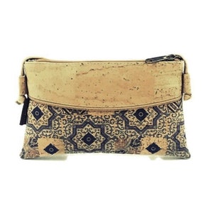 Sac à bandoulière écologique en liège avec tapisserie bleue - Mini sac à main en cuir végétalien durable pour femme - Cadeau idéal pour elle