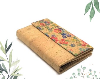 Portefeuille en liège femme, sac à main en cuir végétalien, sac à main floral, portefeuille fait main pour femme, portefeuille à trois volets, cadeaux pour elle, cadeaux pour la fête des mères