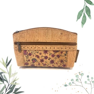 Trousse à cosmétiques écologique en liège avec motif floral et doublure en velours, pochette végétalienne faite main pour femme, petite trousse de toilette