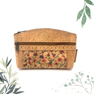 Trousse à cosmétiques écologique en liège à motif floral - Trousse de toilette et de maquillage végétaliens pour femme - Petite trousse à fermeture éclair pour clés et téléphone