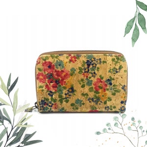 Portefeuille élégant en liège à motif floral avec fermeture à glissière et emplacements pour cartes - Végétalien - Respectueux de l'environnement - Fait main