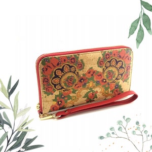 Pochette rouge vif en liège végétalien avec fermeture éclair et dragonne, portefeuille écologique pour femme avec emplacements pour cartes, compartiment pour pièces de monnaie