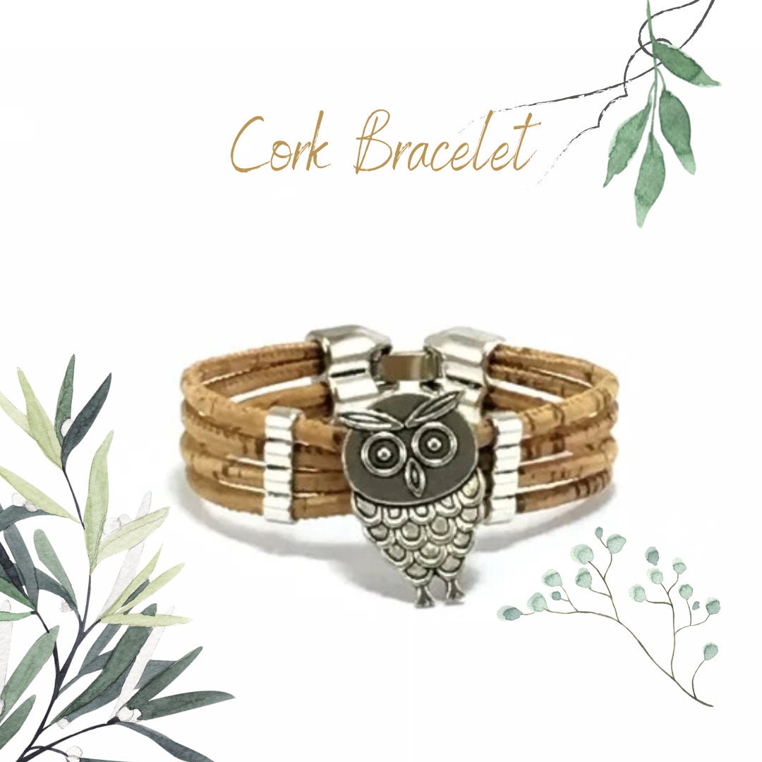 Handmade Vegan Cork Bracelet: Silver Owl Design, Eco-Friendly Jewelry