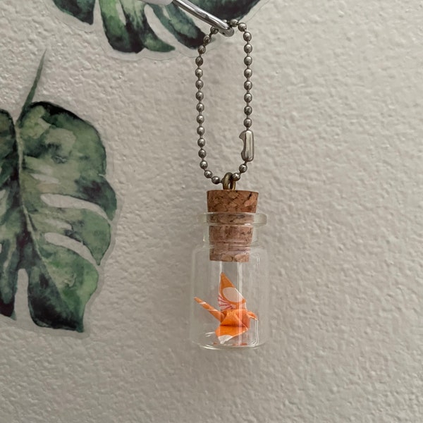 Miniature origami crane japanese tsuru keychain in a bottle