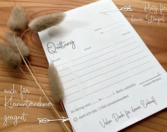 Quittungsblock mit Durchschlag, auch für Kleinunternehmer, DIN A6 Hochformat, Platz für Stempel