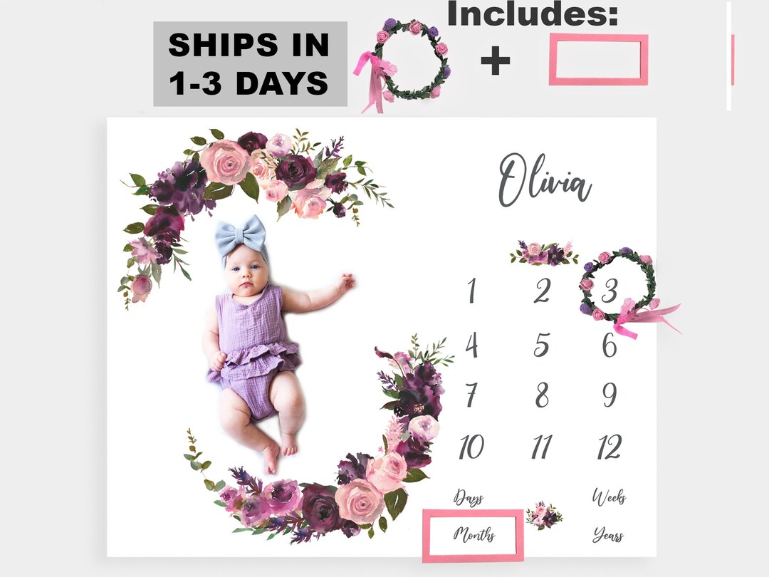 50x40 Baby Milestone Blanket Girl With Markers, Baby Personalized Photo