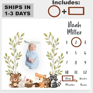50x40 Baby Milestone Blanket Boy Girl Woodland Forest Animals, Baby Personalized Photo Prop, Monthly Milestone, Personalized Baby Blanket