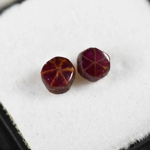 May include: Two loose, deep red star rubies with a hexagonal shape and a visible six-rayed star pattern on their polished surfaces. These gemstones exhibit a dark, saturated crimson hue and a smooth, rounded top profile with natural texture.
