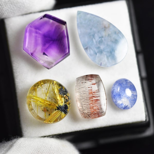 AAA INCLUDED QUARTZ set, Brazilian top grade cabochon set, Star Rutilated, Dumortierite, Gilalite, Hematite and Amethyst inclusions