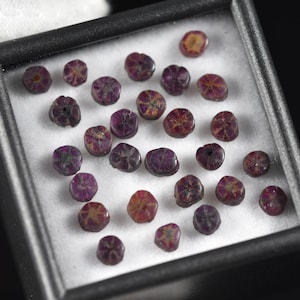 May include: A collection of small, round, deep purple and reddish star ruby gemstones arranged in a square black display box with a white foam insert. Each individual stone features a distinct six-rayed star pattern visible on its surface.