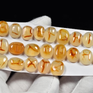 May include: A collection of twenty-five oval-shaped, translucent, pale yellow gemstones arranged in three rows on a white strip. Each smooth, polished stone features a distinct, dark reddish-brown dendritic inclusion that resembles a unique letter.