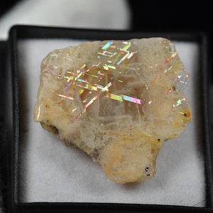 May include: A rough-cut, iridescent sunstone crystal, showcasing a spectrum of colors. The stone is a pale yellow-beige with flashes of rainbow hues. It is presented in a small, black display box with a white interior.