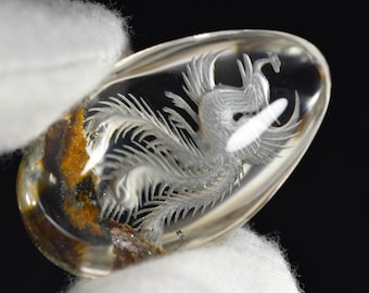 Phoenix omgekeerde intaglio in Phantom Quartz gepolijste edelsteen