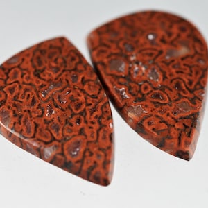 May include: Two polished, teardrop-shaped stones with a striking pattern of reddish-brown and black swirls. The stones have a smooth, glossy finish, and are set against a white background. These stones are ideal for jewelry making.