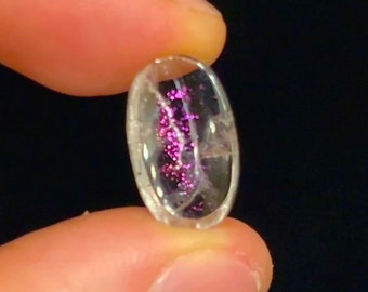 Pink Fire ring sized cabochon from Brazil, RARE Covellite inclusion in Quartz