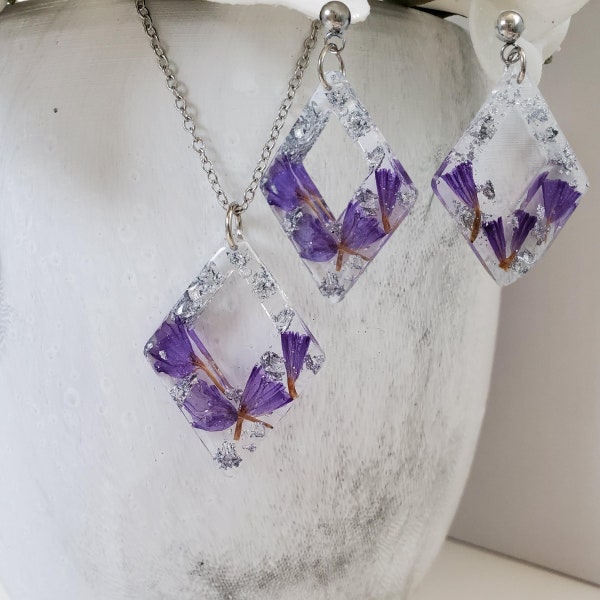 Flower Jewelry, Preserved Real Flower Jewelry Set, Purple Jewelry, Resin Flower Jewelry, Bridal Sets, Jewelry Sets, Resin Jewelry