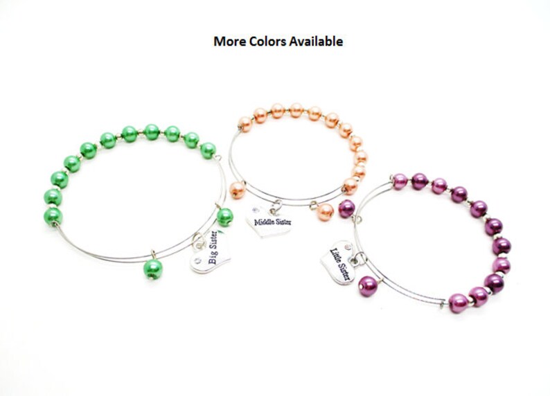 Little Sister Middle Sister Big Sister Pearl Charm Expandable Bracelets-Set of 3-Little Sister Gift-Big Sister Gift-Middle Sister Gift