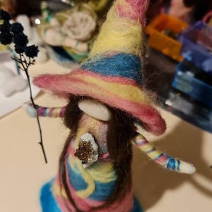 CUSTOM MADE Rainbow witch, rainbows, geode, altar dolls, natural art, witches hat, magic, wool, felting, sculpture, crystal witch, flowers