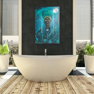Yemaya Godin, oceaan, zee, canvaskunst, olieverfschilderij, zeepaardje, pijlstaartrog, maan, melkwegstelsel, schelpen, zeemeermin, kunst aan de muur, prenten, kroon, godin,