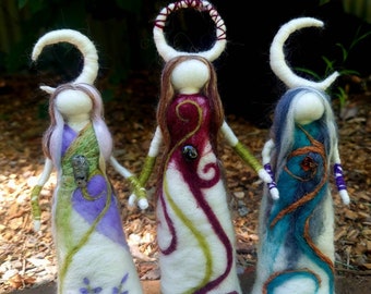 CUSTOM MADE Triple Goddess Crystal Dolls. Triple Goddess, needle felted doll, dolls, moon, cresent, moonstone, magic, goddess, mother,