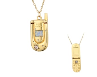 Gold  flip phone locket necklace | 2000s Y2K Cellphone Pendant | Retro Nostalgia jewelry gift