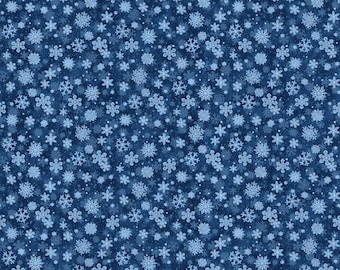 May include: A seamless pattern featuring a dark blue background densely covered with light blue snowflakes of varying sizes. The snowflakes have intricate, delicate designs, creating a wintery, festive aesthetic. The pattern is suitable for fabric, wallpaper, or digital backgrounds.