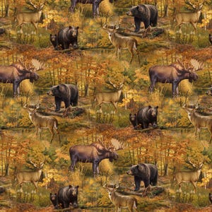 May include: A repeating pattern featuring deer, moose, and bears in a forest setting. The animals are depicted in a realistic style, with details like antlers and fur. The background includes trees with autumn foliage in shades of yellow, orange, and brown.