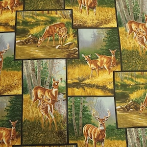 May include: A colorful fabric featuring a repeating pattern of deer in a woodland setting. The deer are depicted in various poses, including standing, walking, and running. The fabric is a mix of green, brown, and yellow hues, creating a realistic and natural feel.
