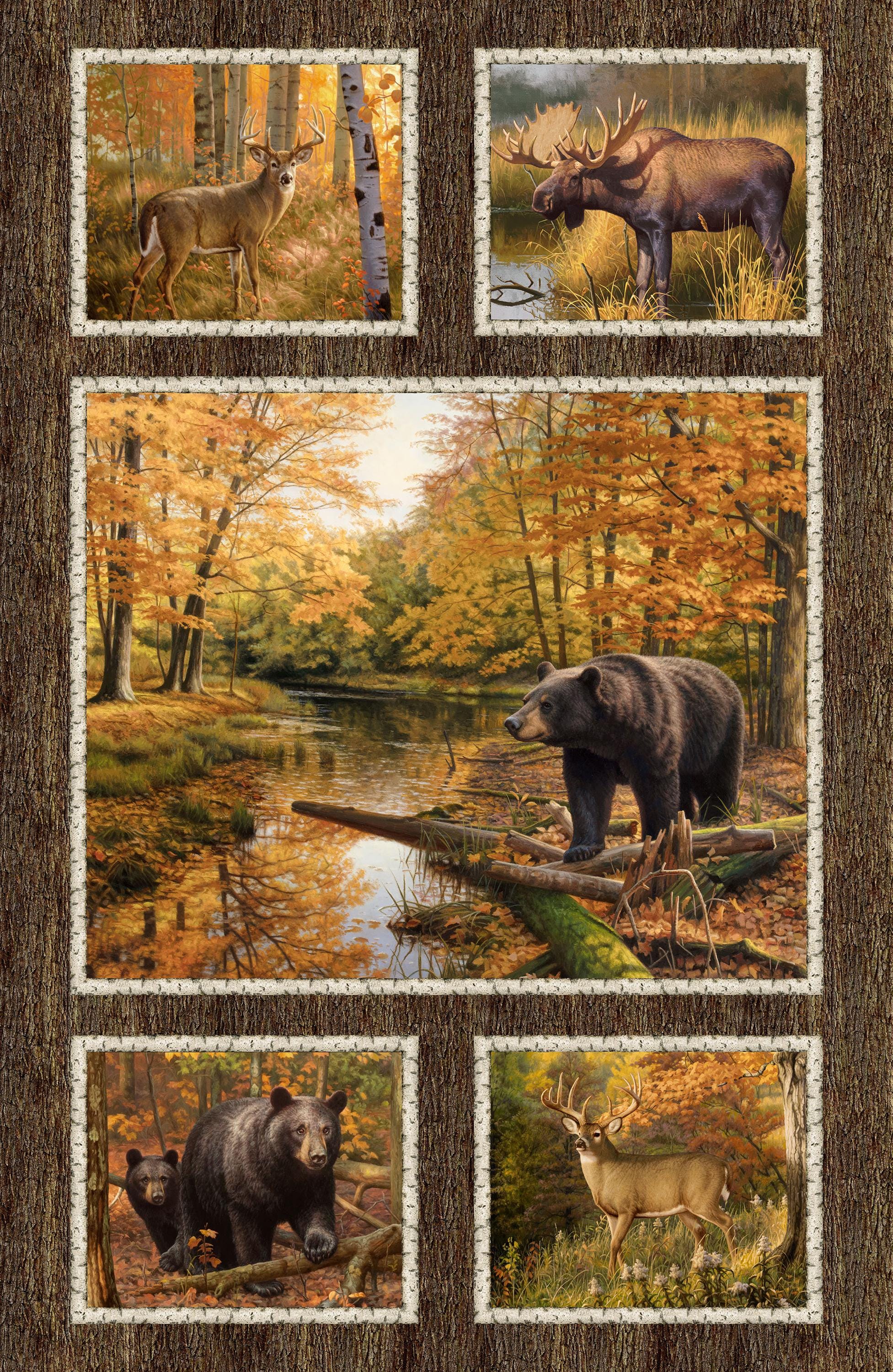 Naturscapes Wilderness Moose, Bear, Deer Fall Quilt Fabric Panel By Northcott Fabrics