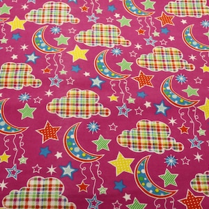 Pink Moon, Clouds, Stars Flannel  Fabric  By E.E. Schenck