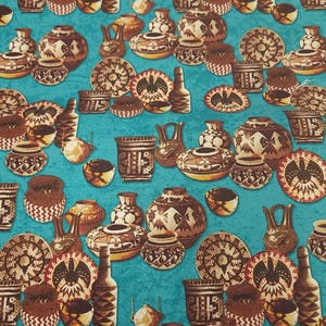 May include: A turquoise fabric with a repeating pattern of brown and black pottery. The pottery is in various shapes and sizes, including bowls, jars, and pitchers. Some of the pottery has geometric designs, while others have more intricate patterns.