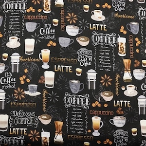 Tecido de colcha com motivos de café e texto de menu da Timeless Treasures