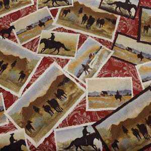 Hold Your Horses Horse Pictures With Red Background Quilt Fabric  by Studio E Fabrics