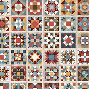 Puede incluir: Una colección de 48 bloques de colcha coloridos con patrones geométricos en tonos de rojo, azul, marrón y amarillo. Los bloques están dispuestos en un patrón de cuadrícula.