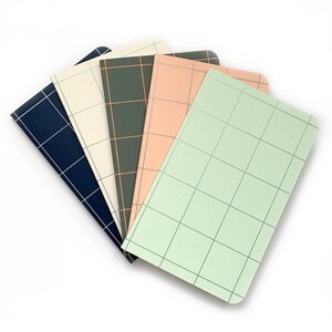 Peut inclure: Cinq cahiers à carreaux de différentes couleurs : bleu marine, crème, vert forêt, pêche et vert clair.