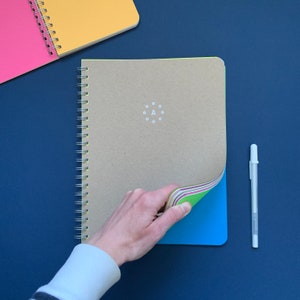 Può includere: Un quaderno marrone con una copertina blu e una rilegatura a spirale. Il quaderno ha un cerchio bianco con la lettera A al centro. Il quaderno è aperto per rivelare pagine colorate.