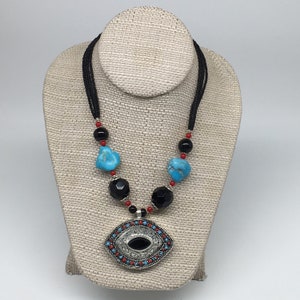 1 Halskette, 21 &quot;Long, 1.9&quot;x2.2&quot;x0.7&quot; Pendant, Fashion Turkmen Halskette Perle Black Carnelian Marquise Shape Pendant ATS Statement