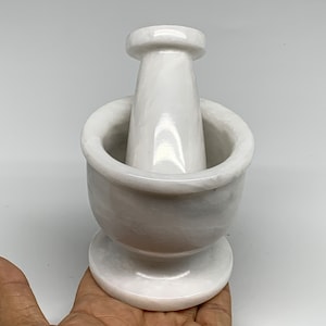 610 Grams, 2.9&quot; x 3&quot; Mortar, 3.5&quot;x1.5&quot; Pestle, Gray/White Marble Mortar & Pestle Polished Gemstone Marble, Unique Kitchen Decor, Tool,E02580