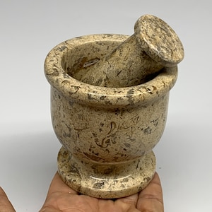 565 Grams, 3.1&quot; x 3.1&quot; Mortar, 3.1&quot;x1.3&quot; Pestle, Brown Fossils Mortar & Pestle Polished Gemstone Marble, Unique Kitchen Decor, Tool, E02575