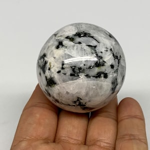 163.4 Grams, 1.9&quot; or 48mm, White Rainbow Moonstone Sphere, With Black Tourmaline Collectible, Home Decor Gemstone, E01988